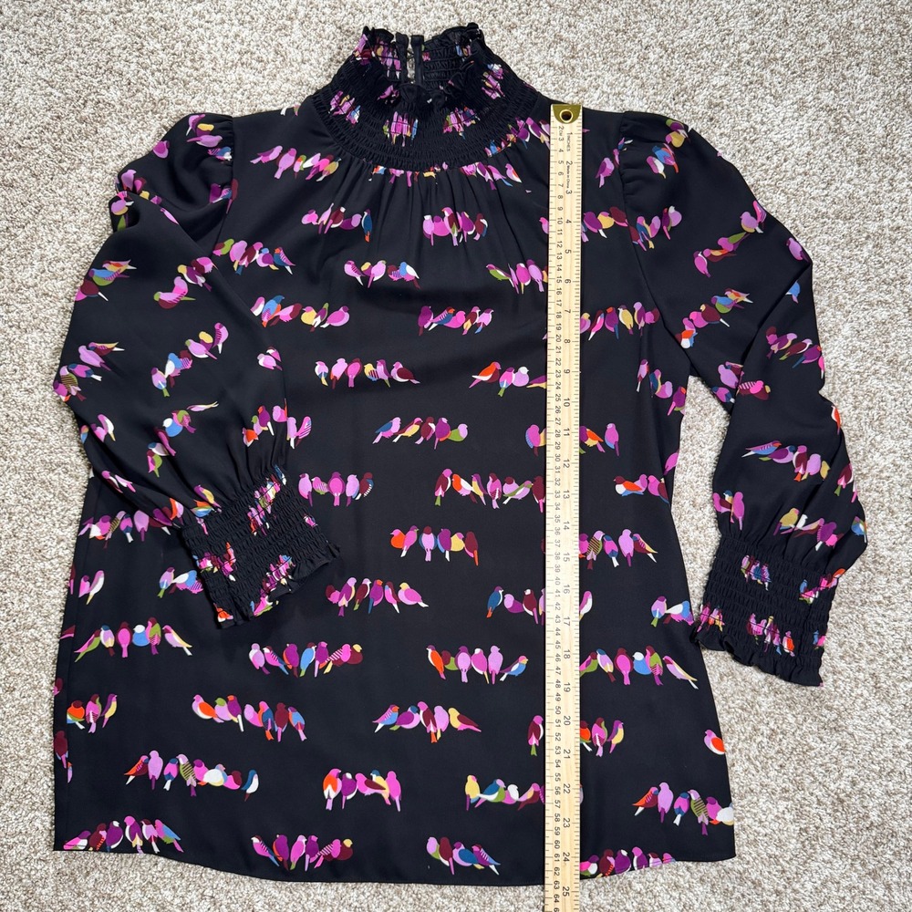 Kate Spade New York Womens Size S Bird Print Smocked High Neck Blouse Black - Picture 7 of 14